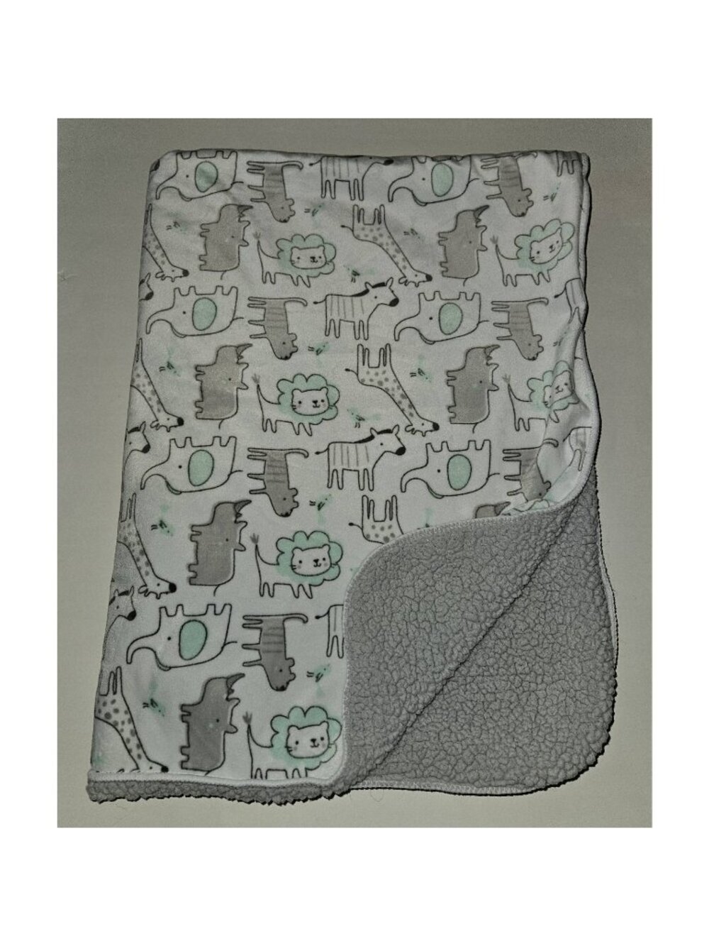 Just Born Fleece Baby Blanket Gray White Green Elephant Rhino Giraffe Zebra Lion